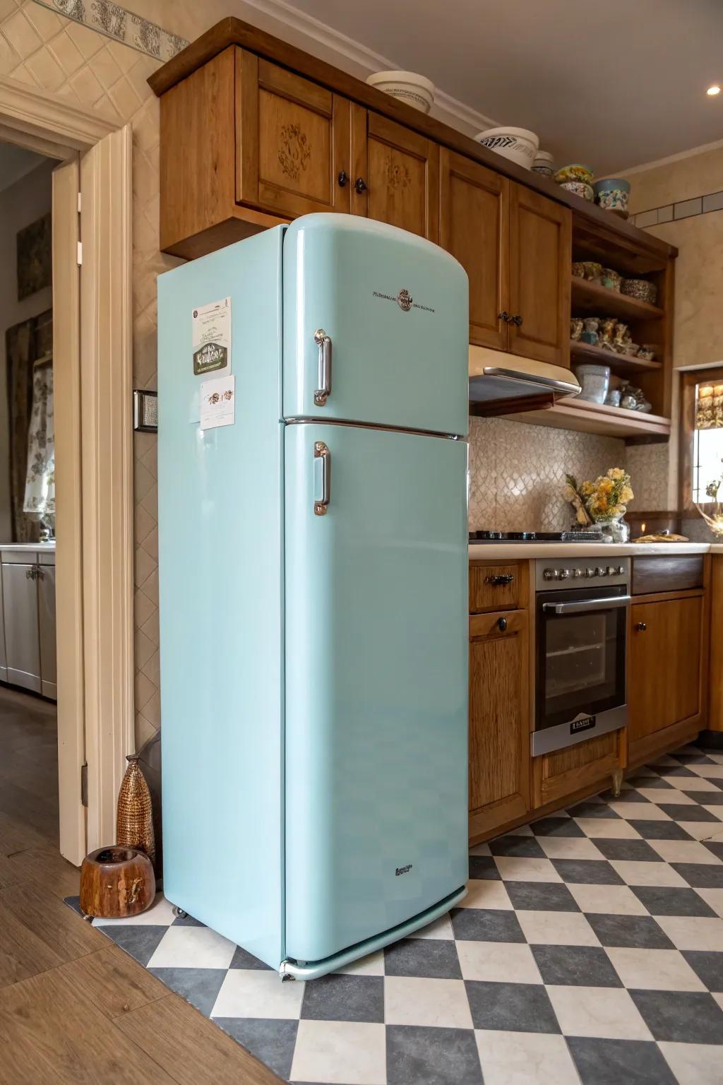 A pastel-painted fridge adds a touch of retro charm to your kitchen.