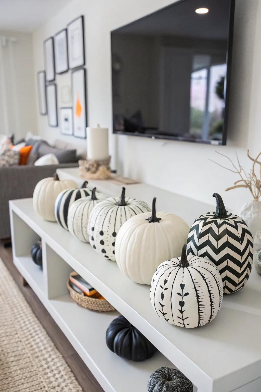 Monochrome pumpkins bring a modern touch to traditional fall decor.