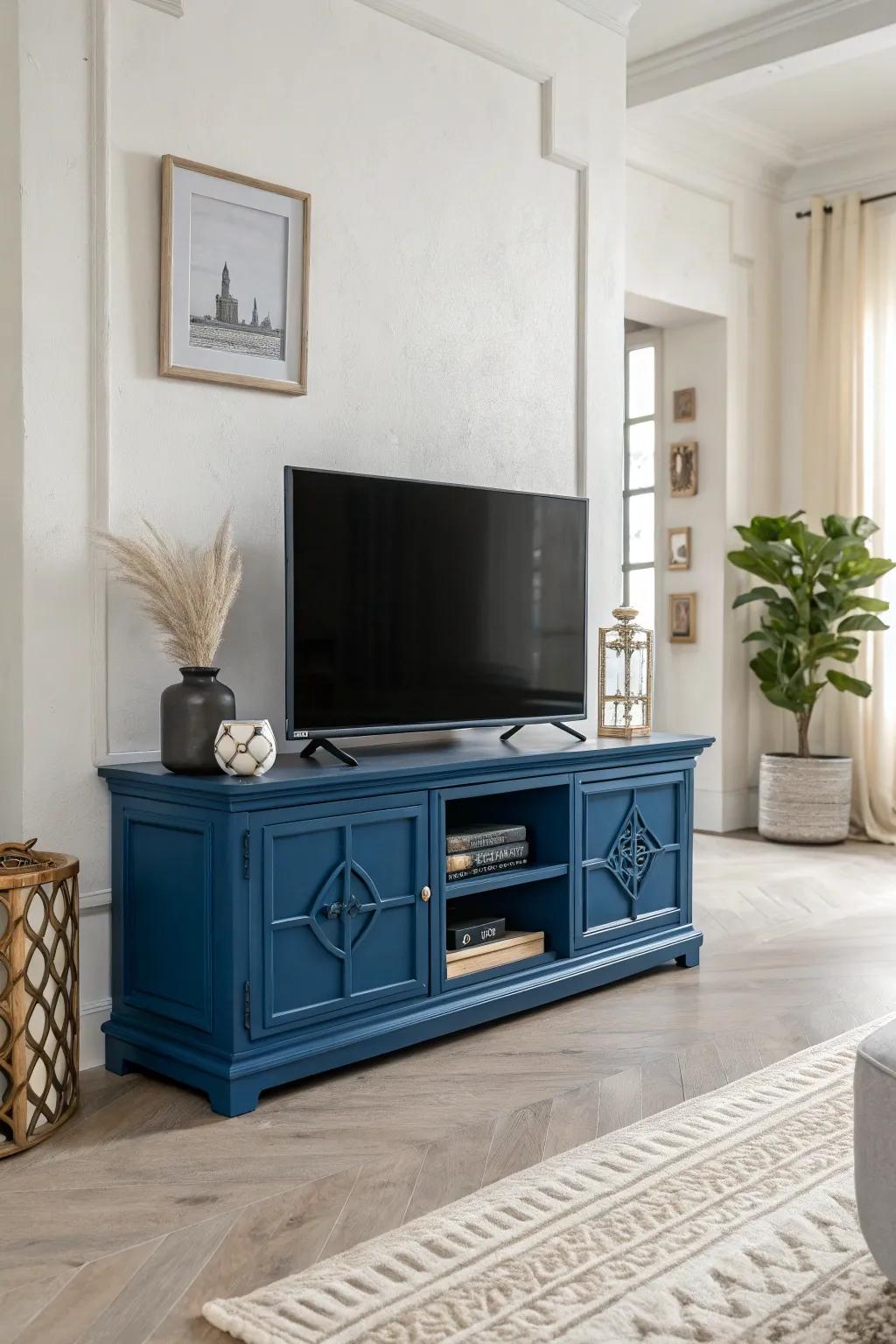 A bold color splash on a TV stand adds a striking focal point to the room.