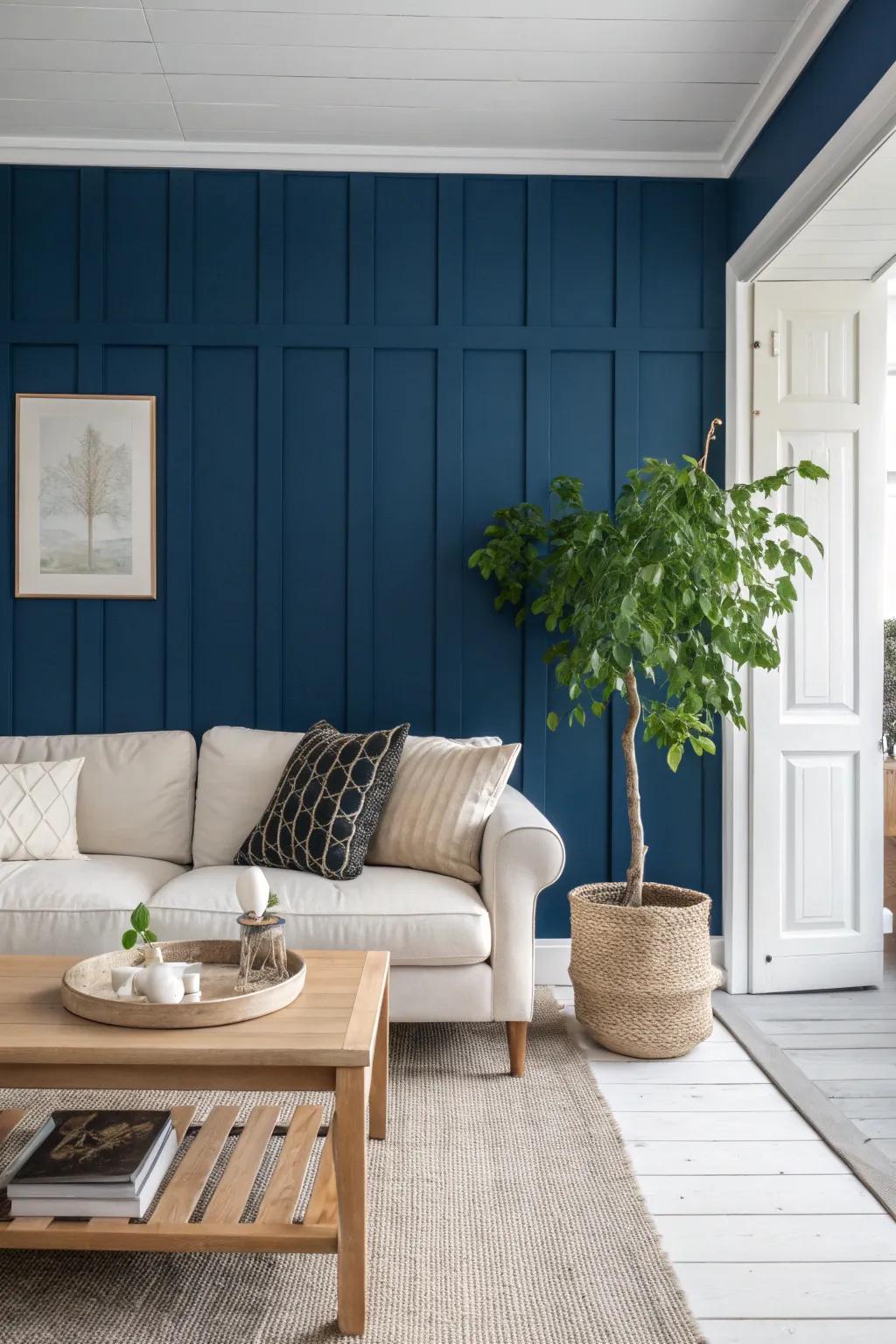 Transform your space with a bold navy blue accent wall for a chic Scandinavian vibe.