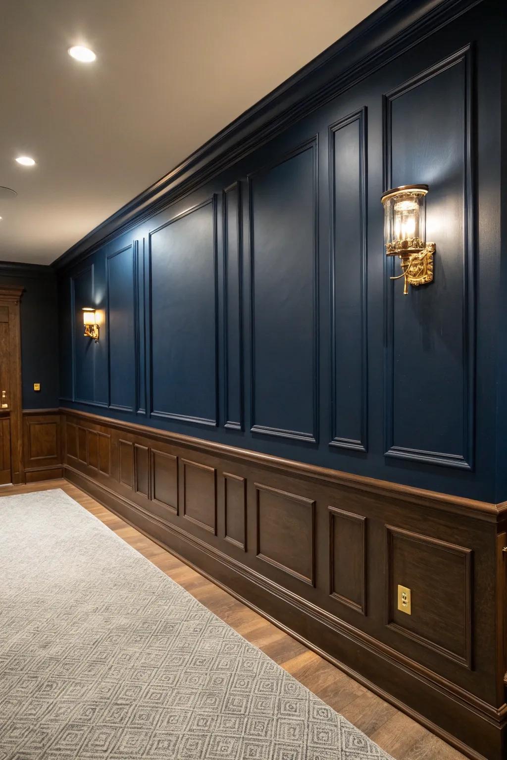 Elevate your basement with the timeless charm of deep navy walls, where elegance meets coziness.