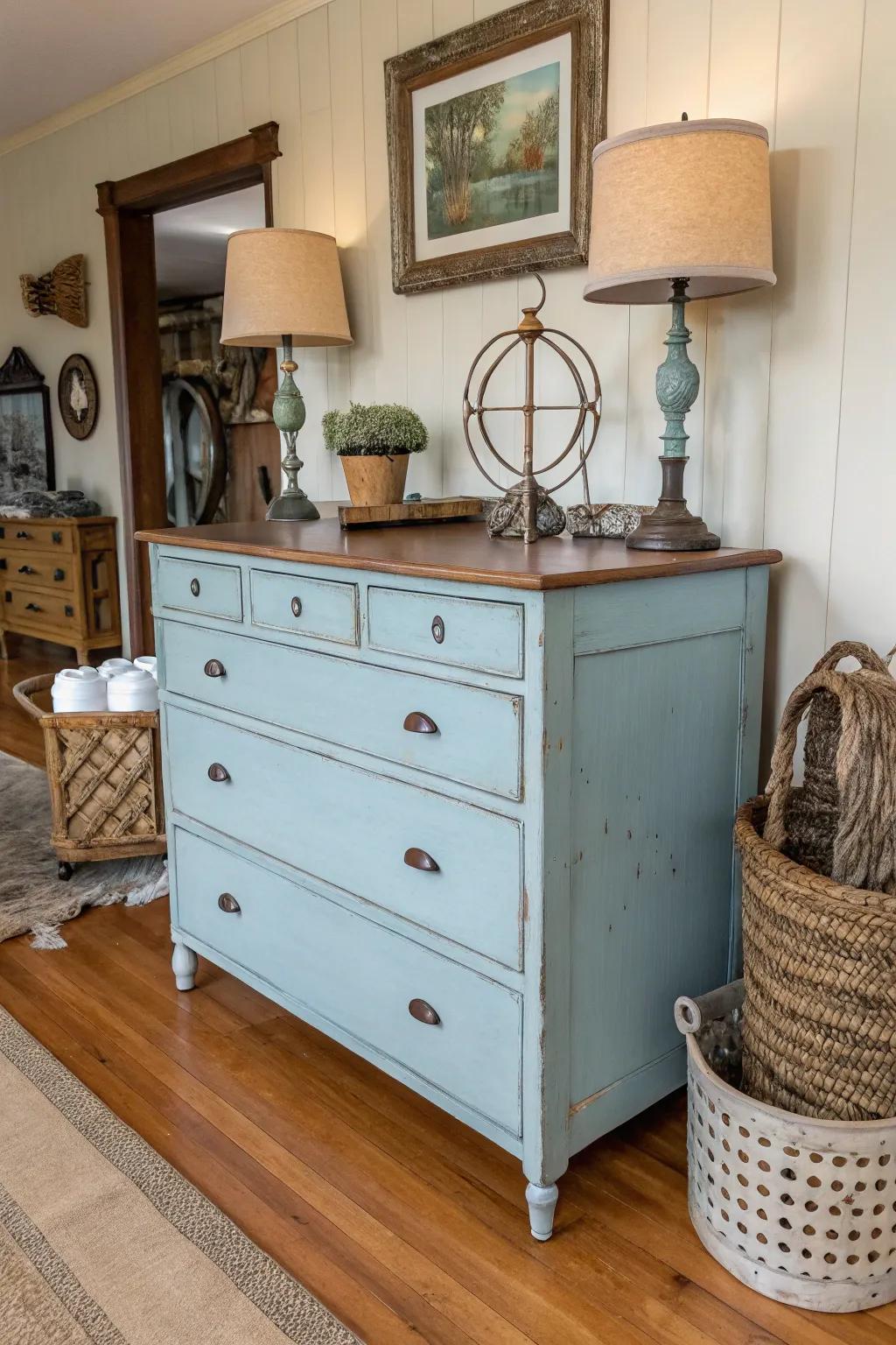 A vintage dresser revitalized with soft blue chalk paint.