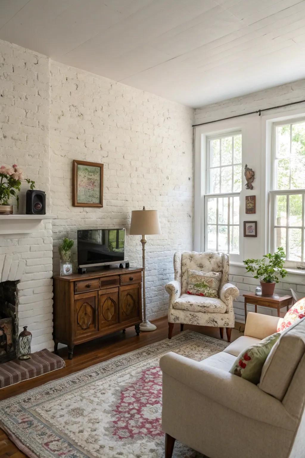 Bright white painted brick walls that enhance the vintage decor in the living room.