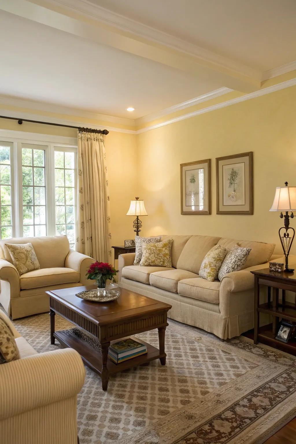 A harmonious blend of pale yellow and neutral tones creates a calming living space.