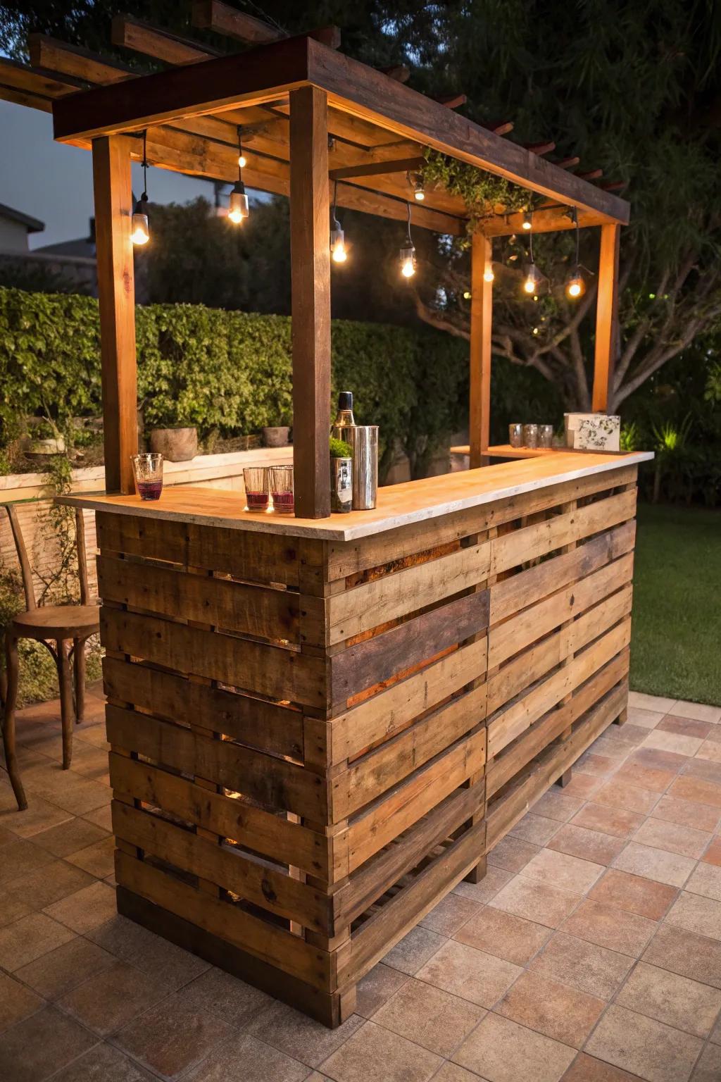 Elevate your gatherings with a handcrafted classic pallet bar, the perfect blend of rustic charm and skilled craftsmanship.