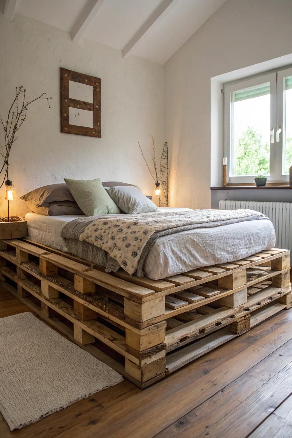 Elevate your sleeping space with a high pallet bed, stacked for extra height.