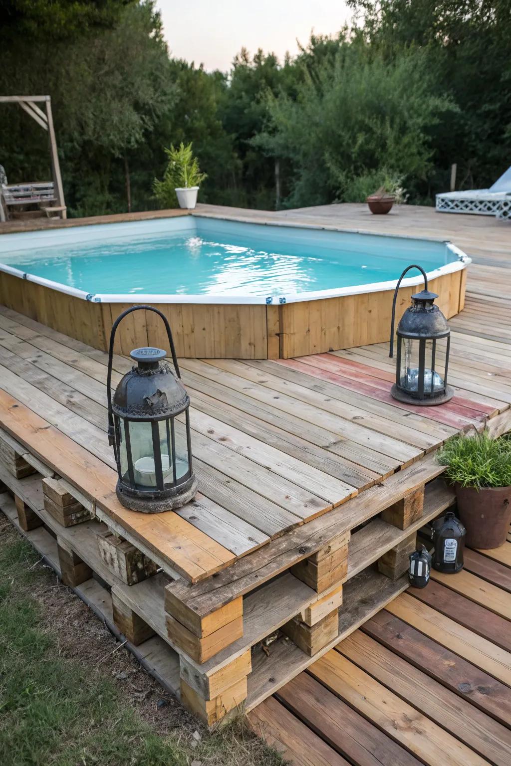 Rustic charm with a pallet deck adds character to your poolside.