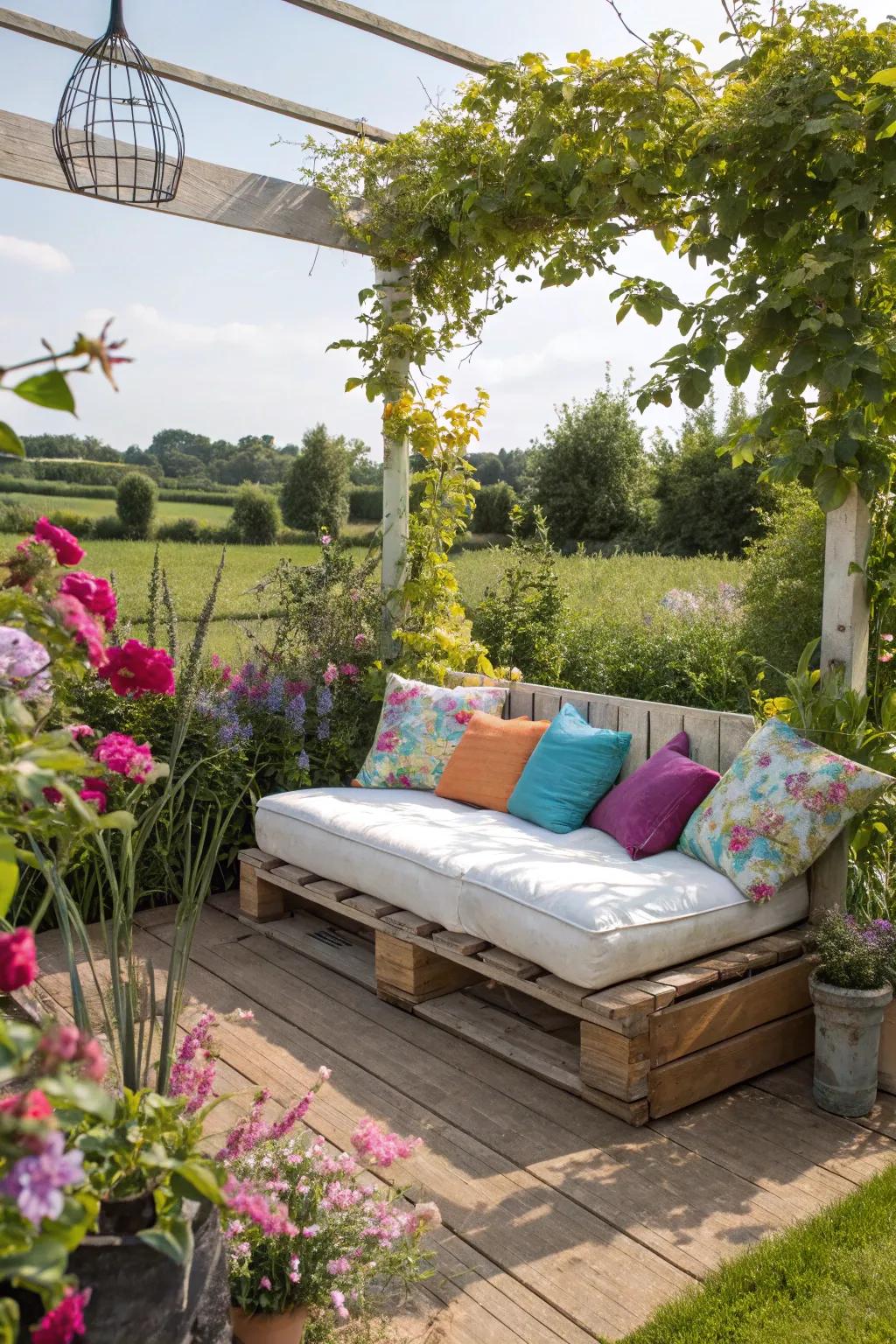 A cozy nook with a pallet sofa, perfect for relaxation.