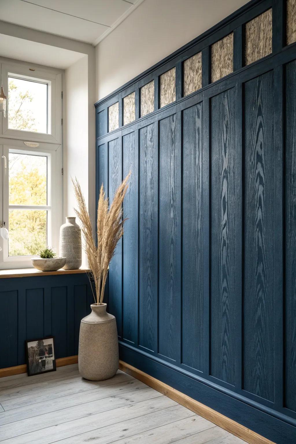 Embrace bold elegance with deep navy paneling for a stunning minimalist statement.