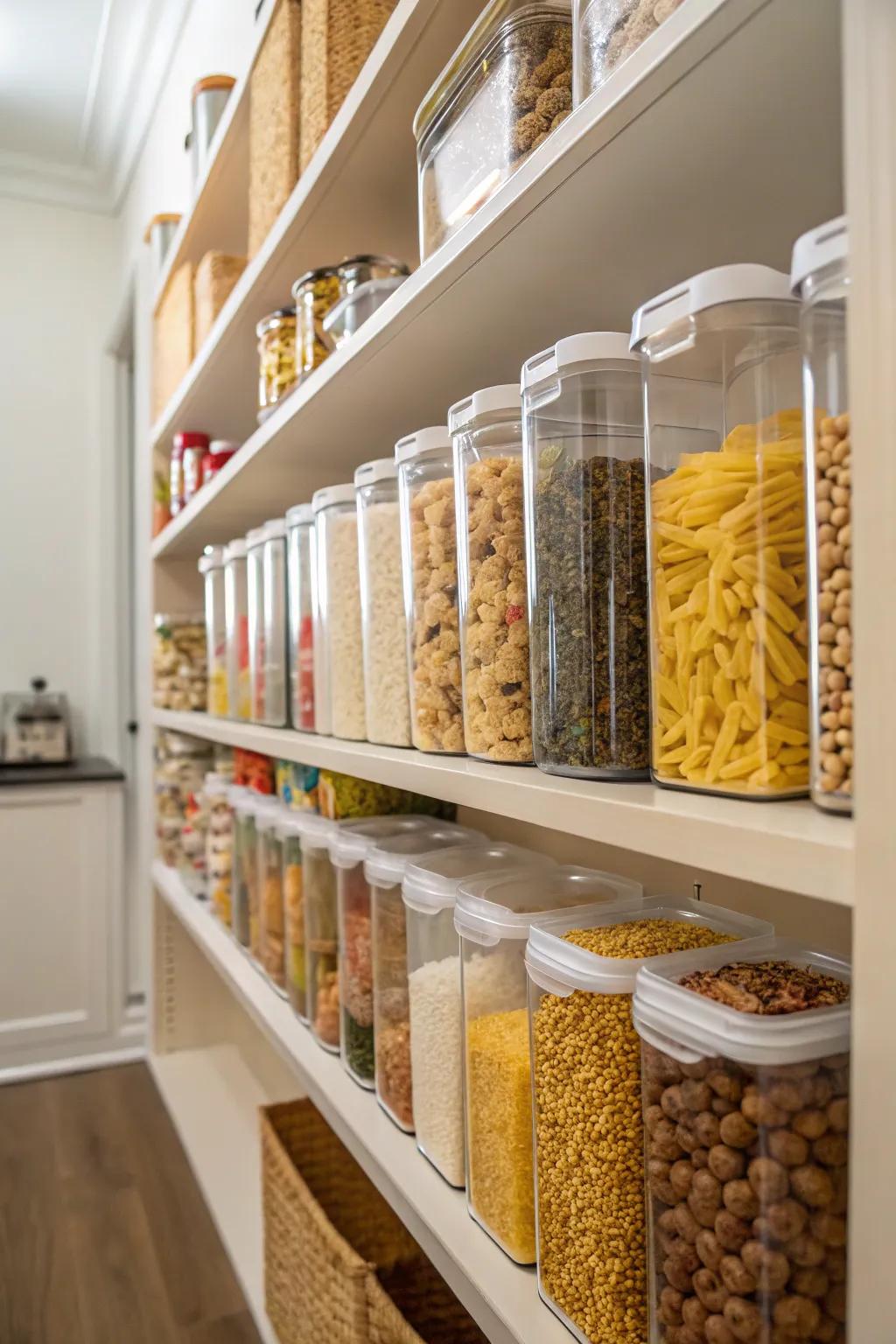 Clear containers neatly arranged on deep shelves for easy visibility.