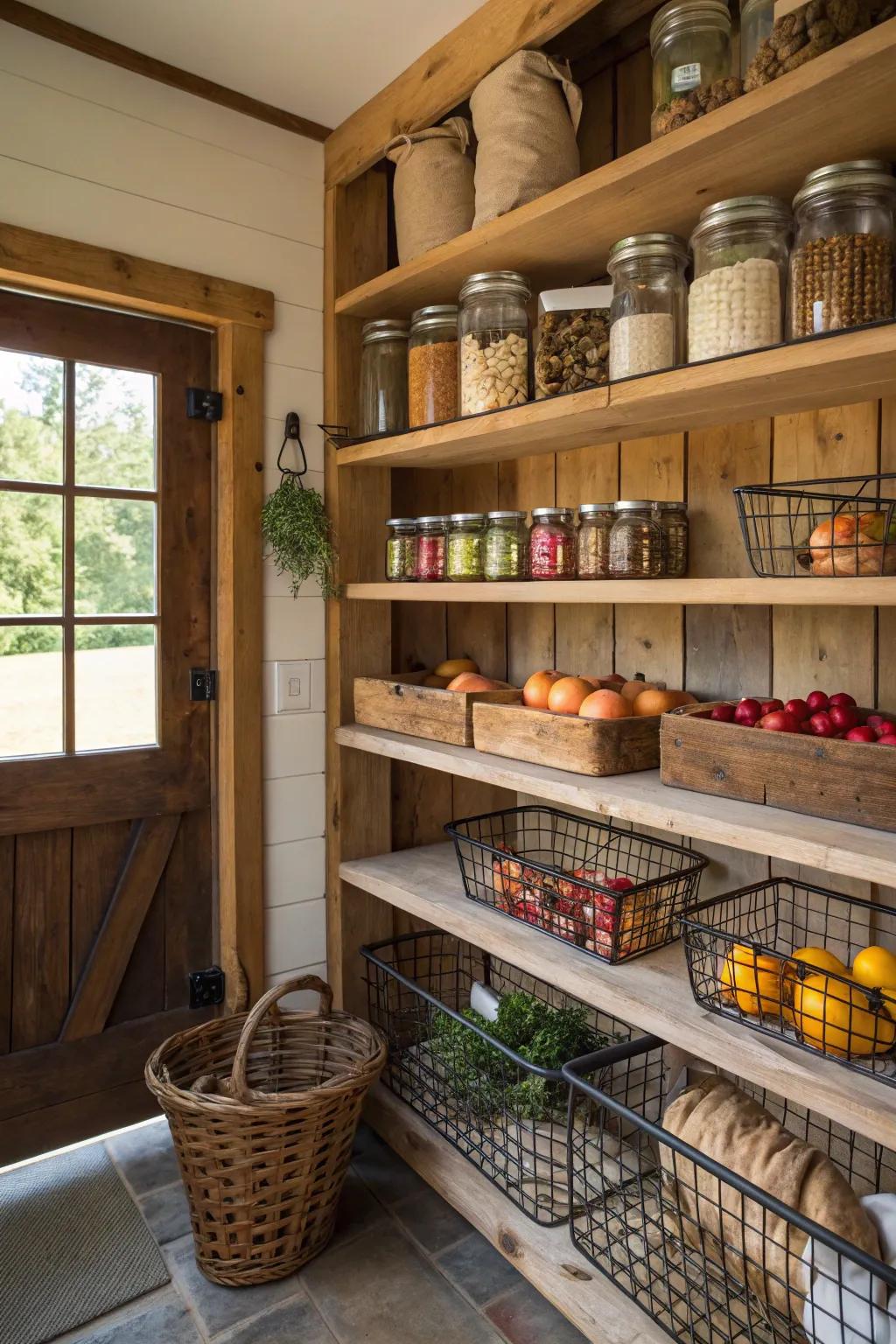 Farmhouse-style shelving brings warmth and character to any pantry.