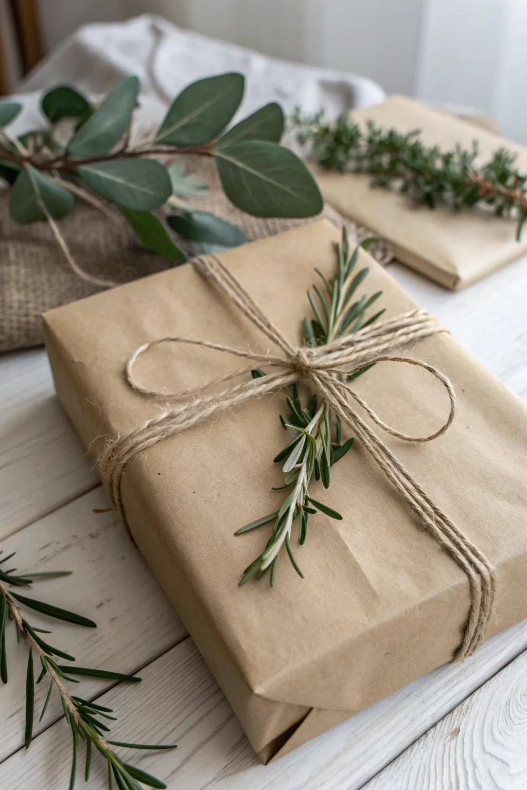 Embrace the beauty of nature with rustic twine and greenery in your gift wrapping.