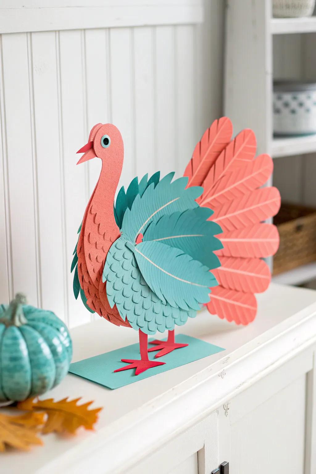 Brighten your space with a pop of color and creativity: handcrafted paper turkey decorations in teal and coral.