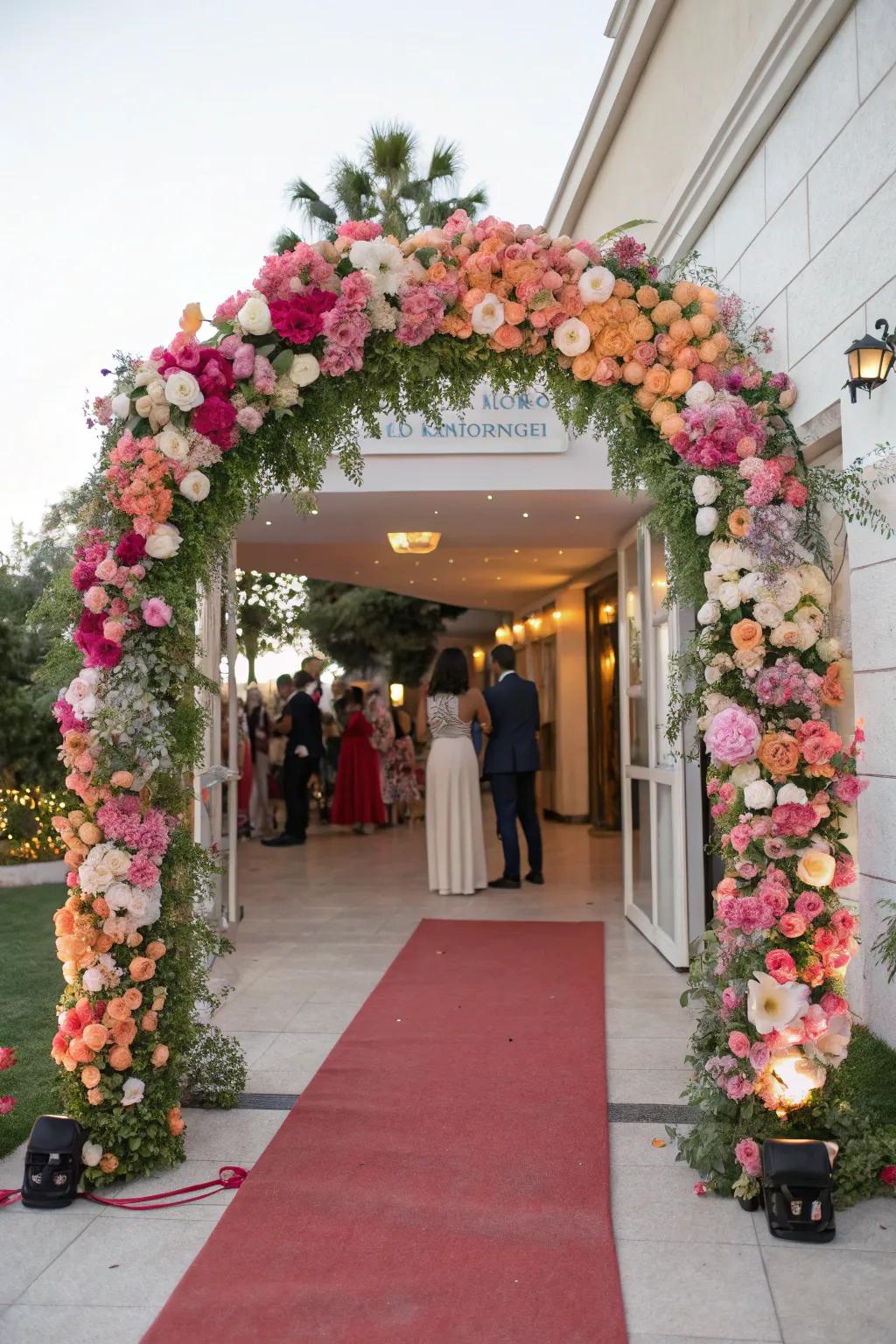 A floral archway welcomes guests with elegance and charm.