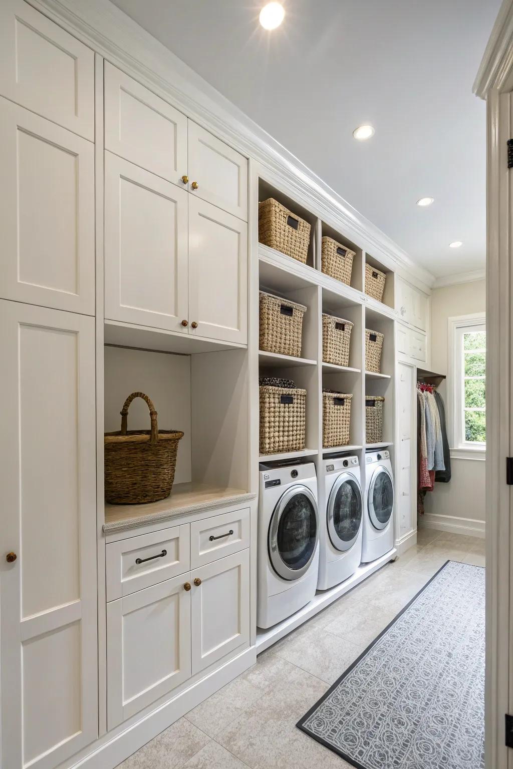 Tall cabinets in a laundry room provide ample storage and a sleek look.