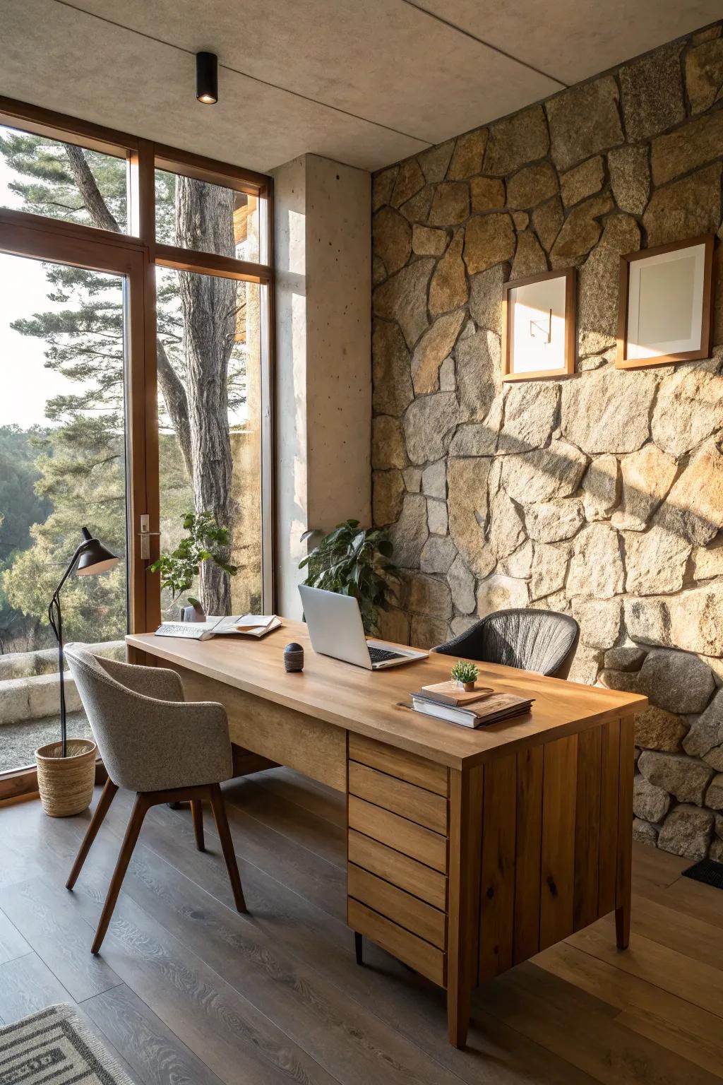 A wooden desk and stone accents bring the tranquility of nature into your office.