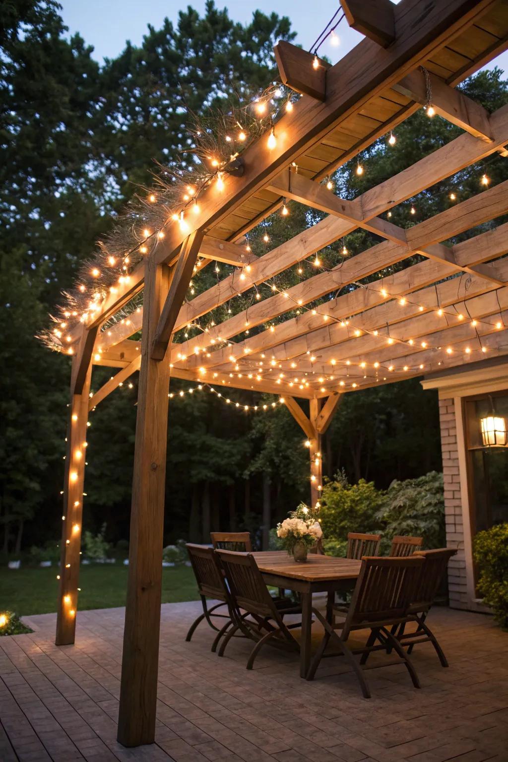 String lights woven through a pergola create a magical canopy.