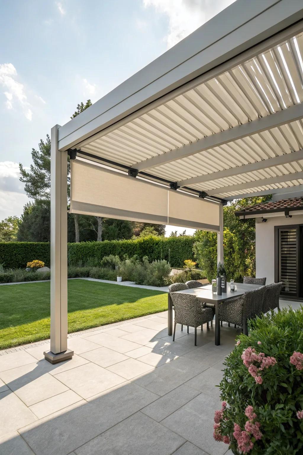 Louvered roofs with retractable blinds offer adjustable shade for any weather.