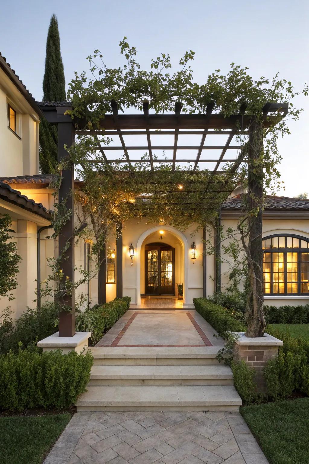 An entryway pergola adds a touch of elegance and function to this home's entrance.