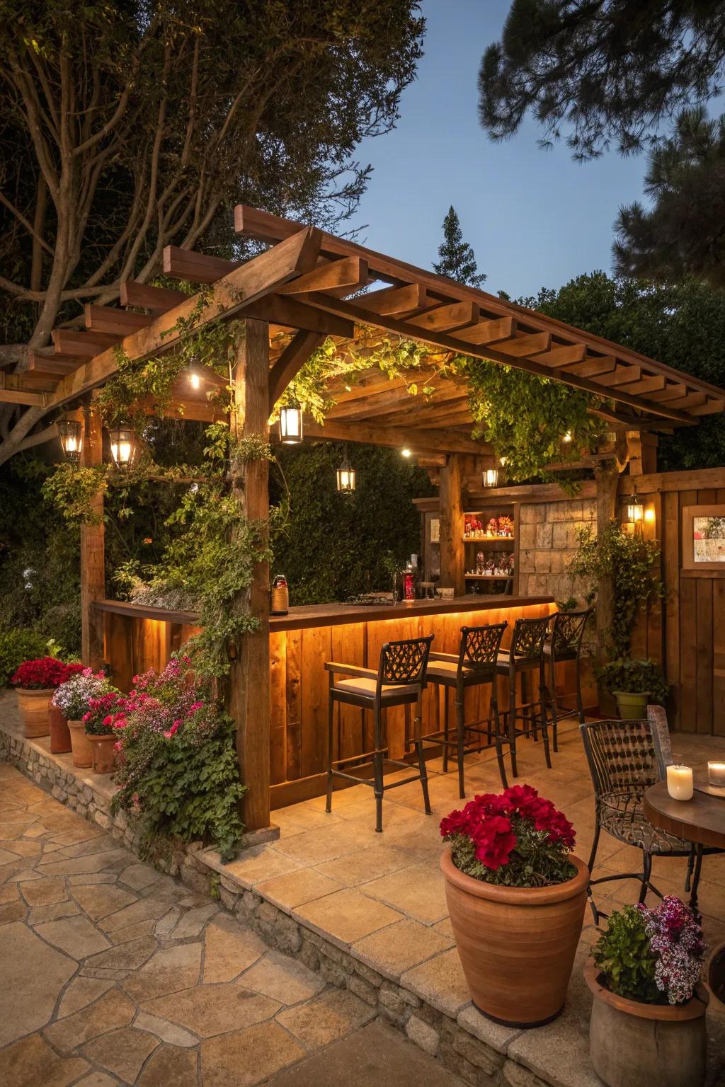 A rustic wooden pergola bar, where nature meets comfort.