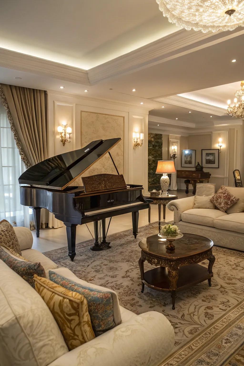 A grand piano serving as the focal point in a stylish living room.