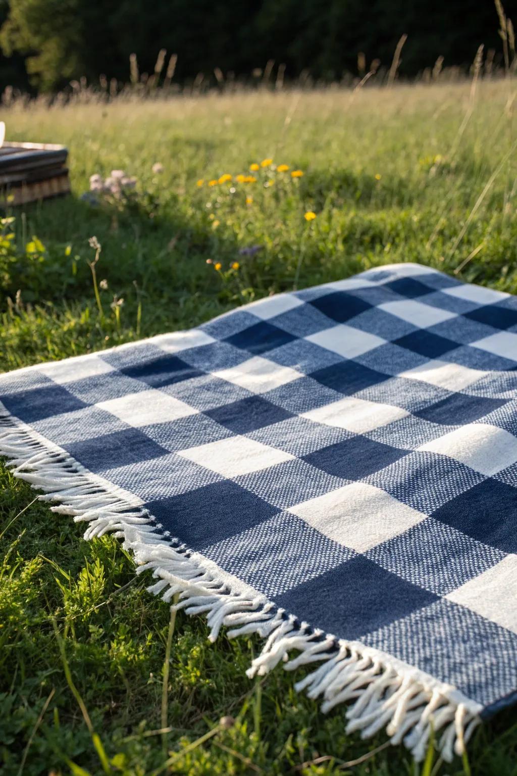 Add a pop of color and timeless charm to your picnic with this vibrant checkered blanket design. Perfect for those who appreciate minimalist beauty with a boho flair.