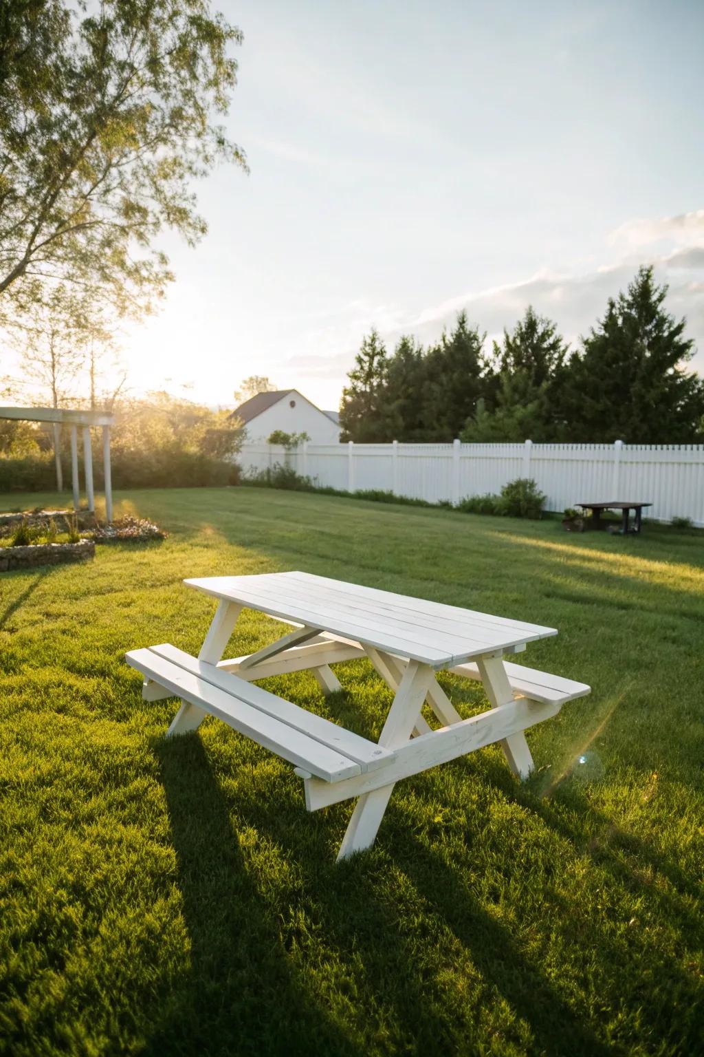 A classic white painted picnic table gives a fresh and clean look to any backyard.