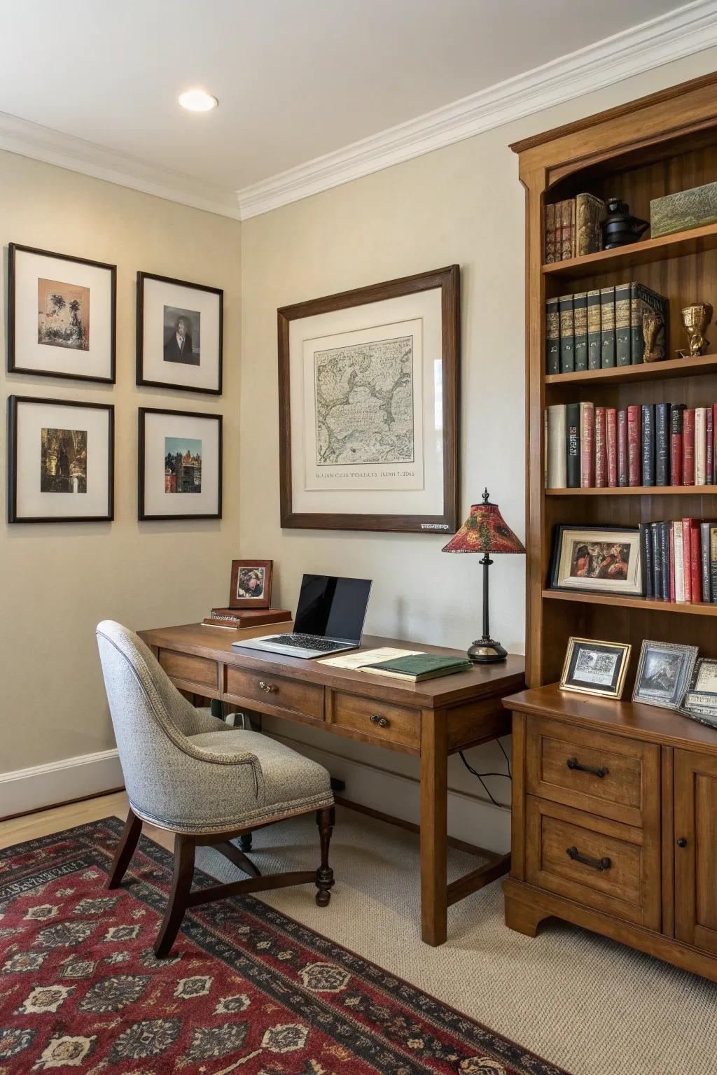 A home office decorated with framed book covers for a literary vibe.