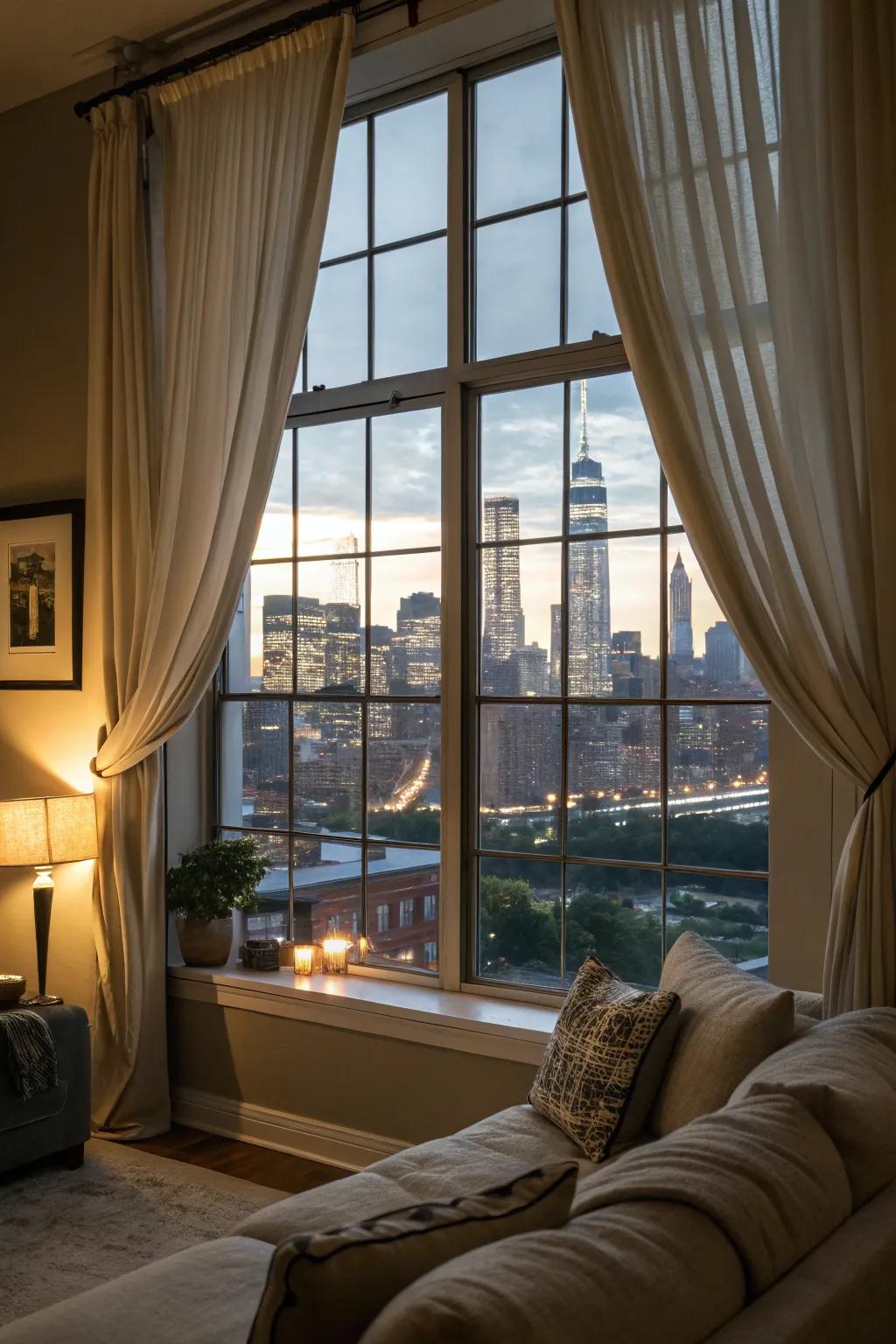 A large picture window offering a captivating cityscape view.