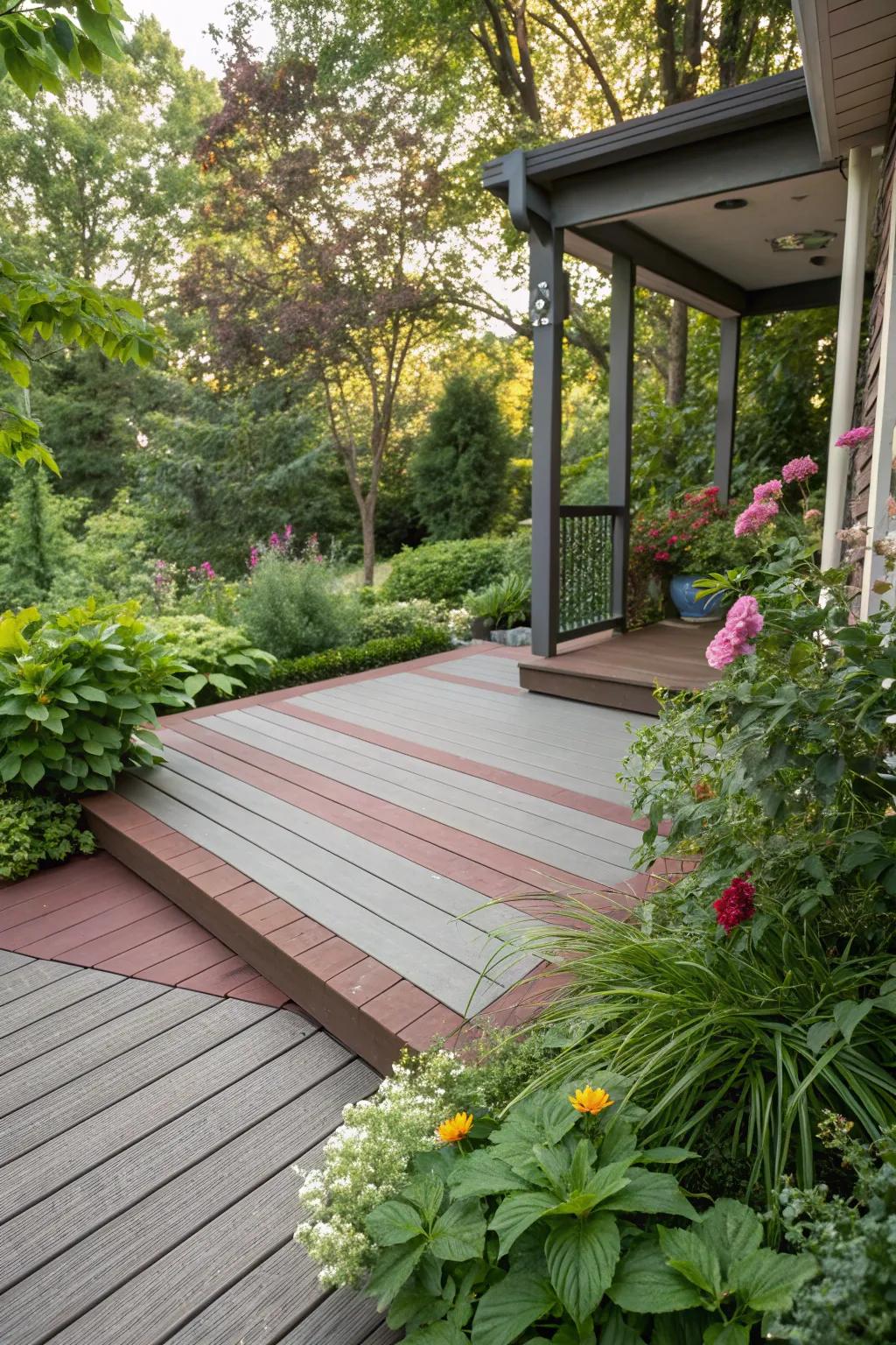 A composite deck featuring a playful mix of colors, adding vibrancy to the garden.