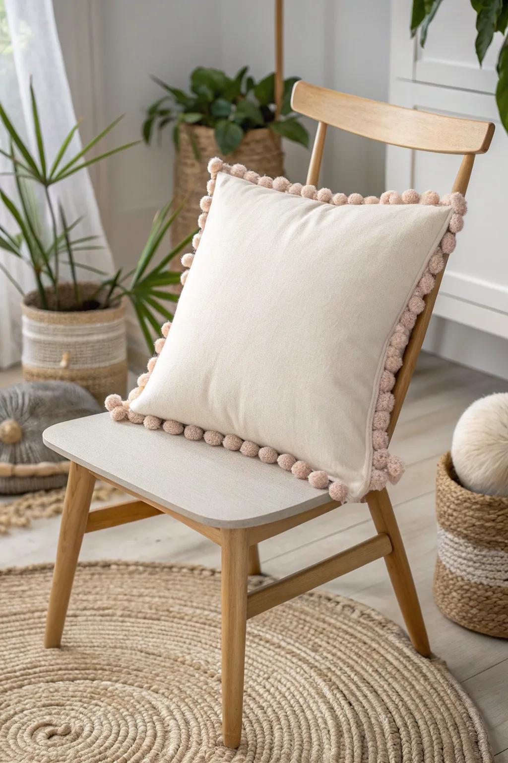 Transform your space with a DIY Pom-Pom Trim Pillow—where minimalist design meets playful charm.