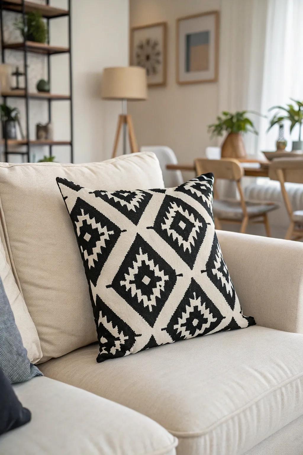 A bold geometric patterned pillow adds a modern touch.