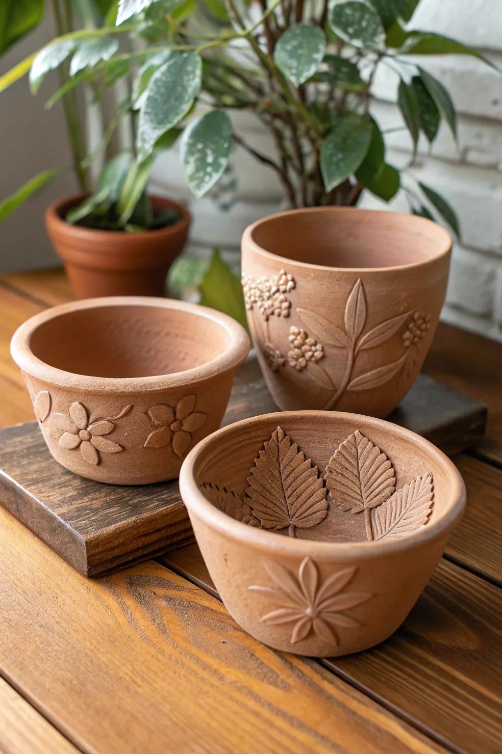 Nature-inspired pinch pots with leaf and flower designs.