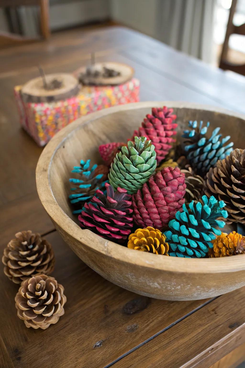 Add a pop of color to your decor with painted pine cones.