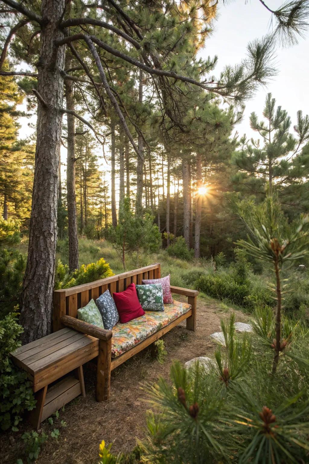 A cozy seating nook perfect for relaxation in the pine forest.