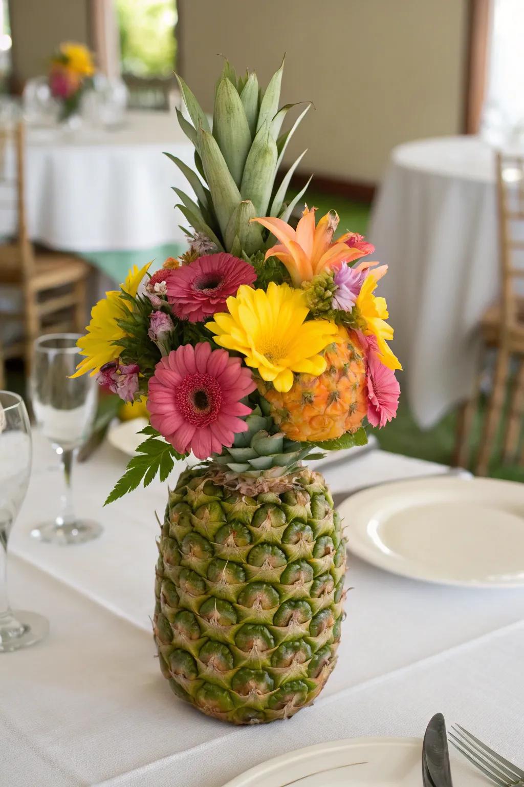 A classic pineapple vase filled with vibrant flowers adds a pop of color to any room.