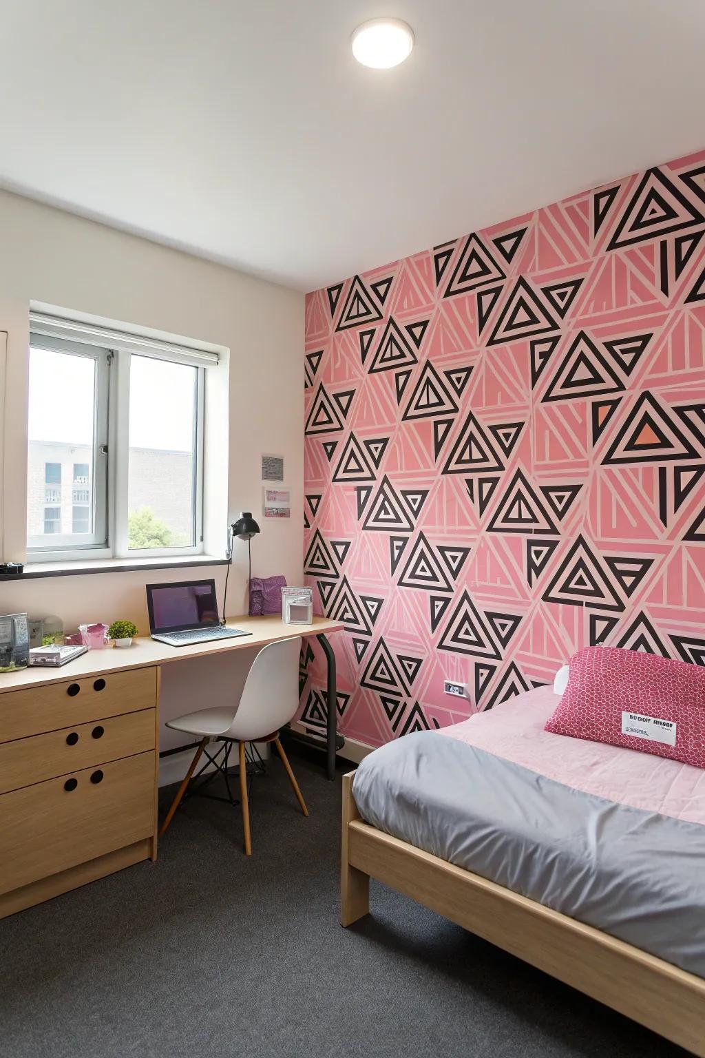 Dorm room featuring a striking pink and black geometric wall.