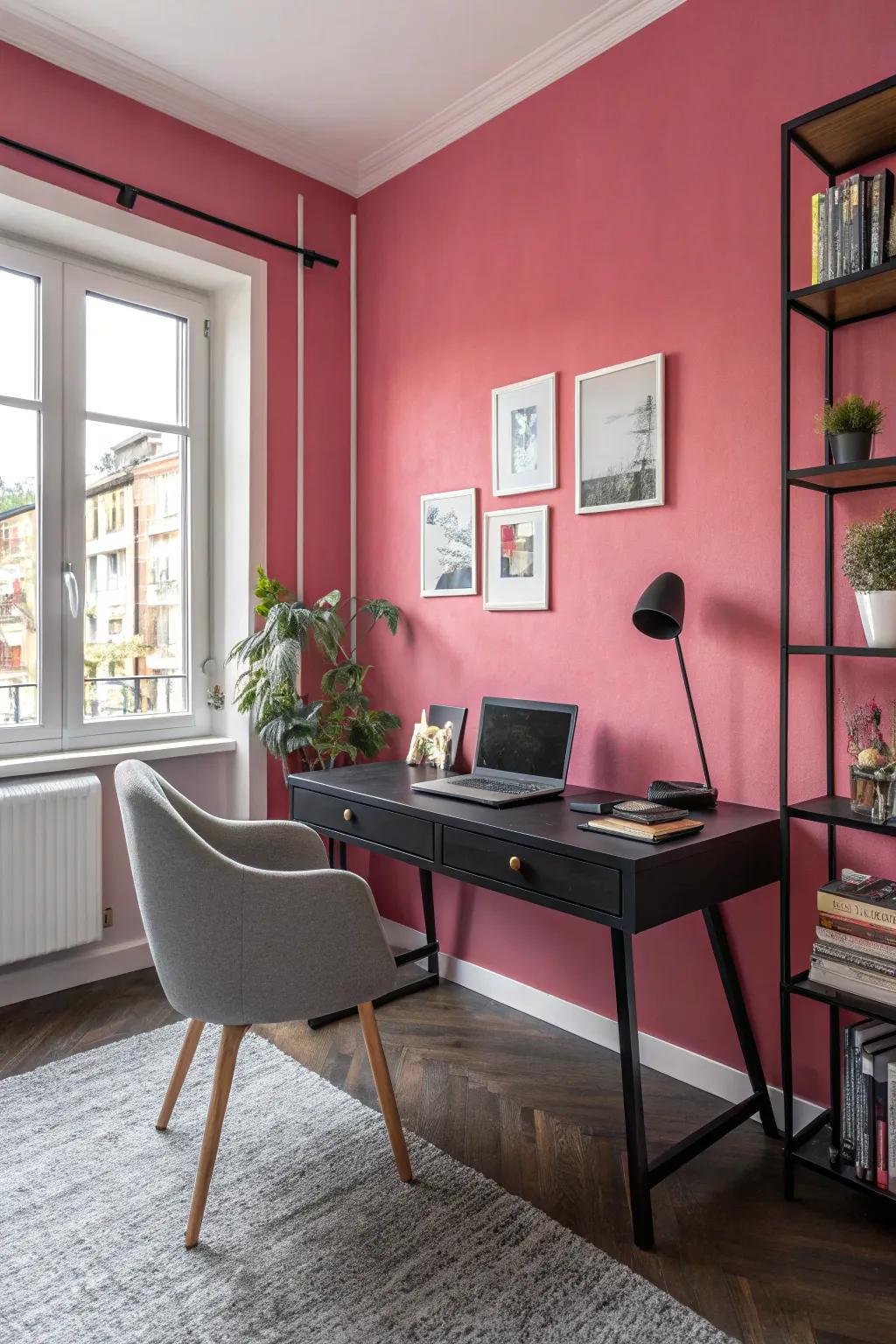 Vibrant pink walls offer an energizing backdrop for this stylish office.