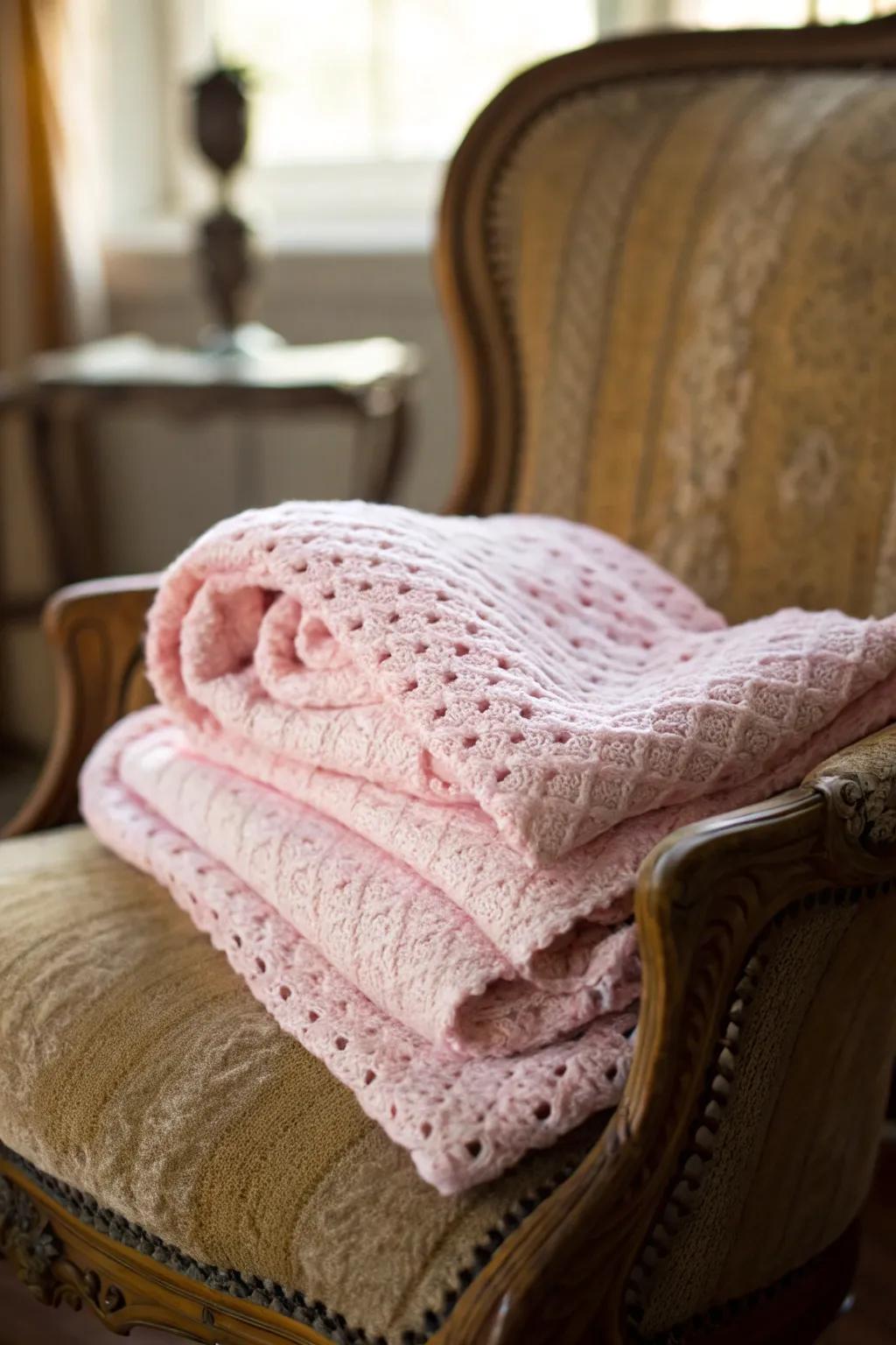 Add warmth and style with a handcrafted pink crochet blanket.