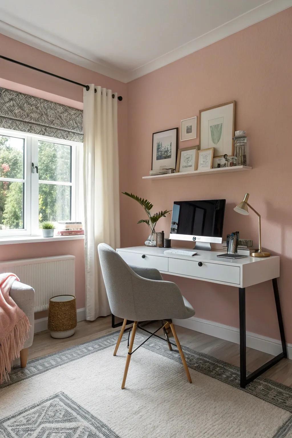 A blush pink accent wall adds elegance to your office space.