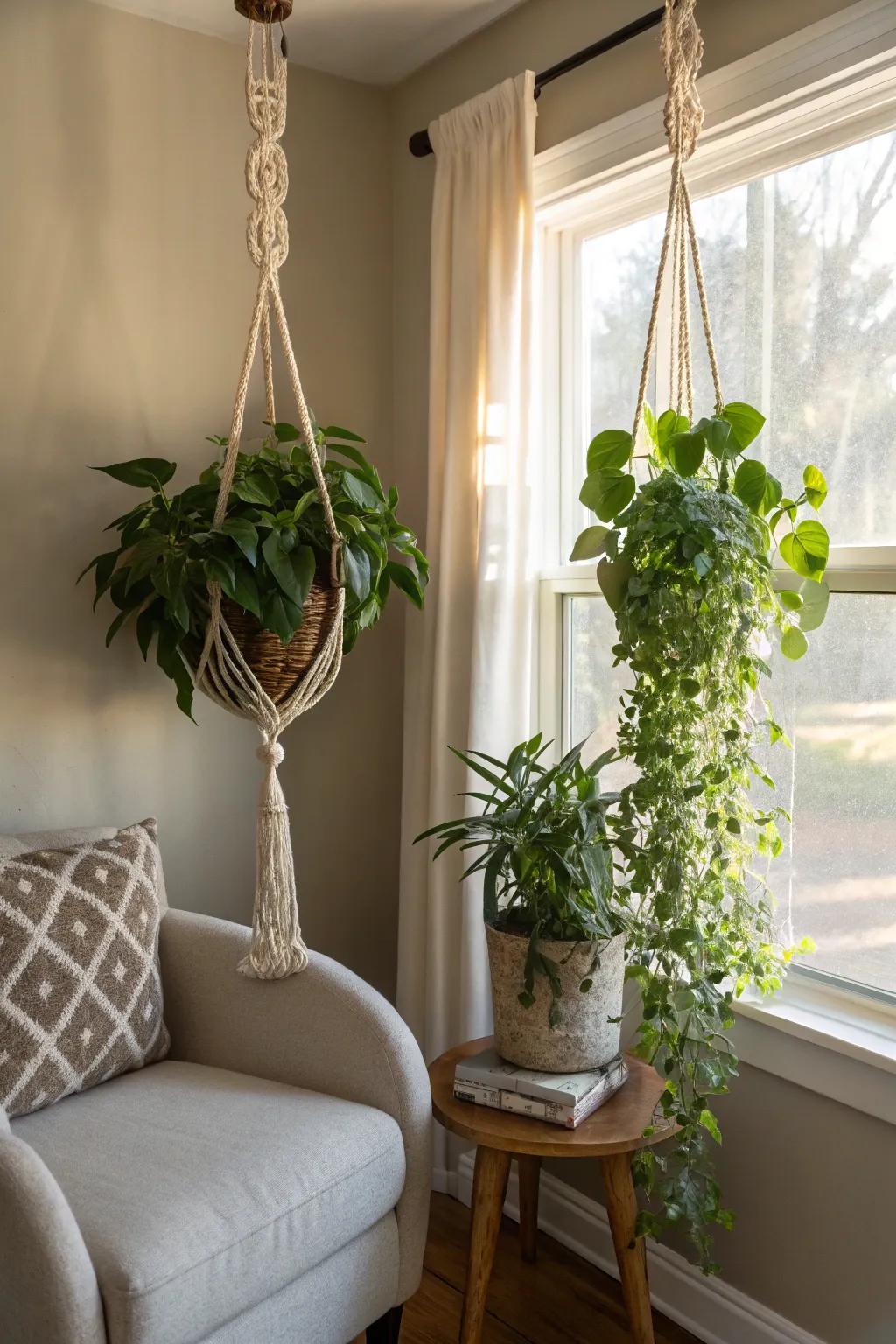 Bohemian elegance with macrame hangings in a cozy corner.