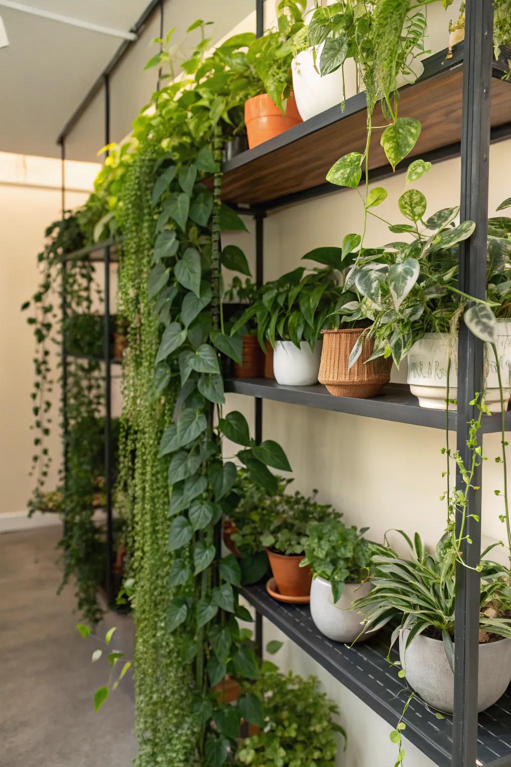 A plant shelf adorned with a variety of hanging plants for a dramatic effect.