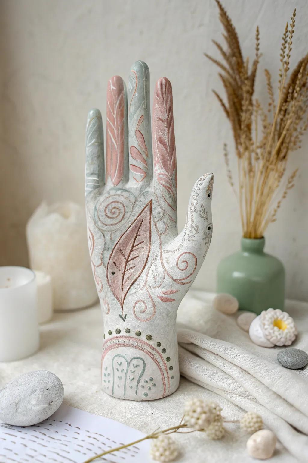 Add a touch of artistic elegance with this abstract-painted plaster hand sculpture—perfect for a minimalist decor with a bohemian twist.