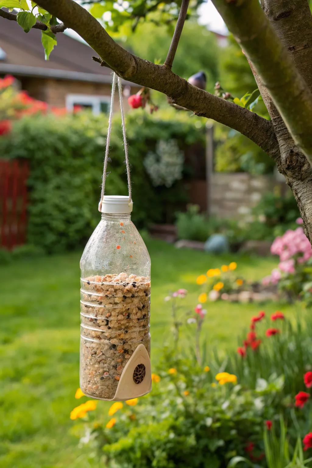 A colorful bird feeder crafted from a plastic milk bottle, perfect for any garden.