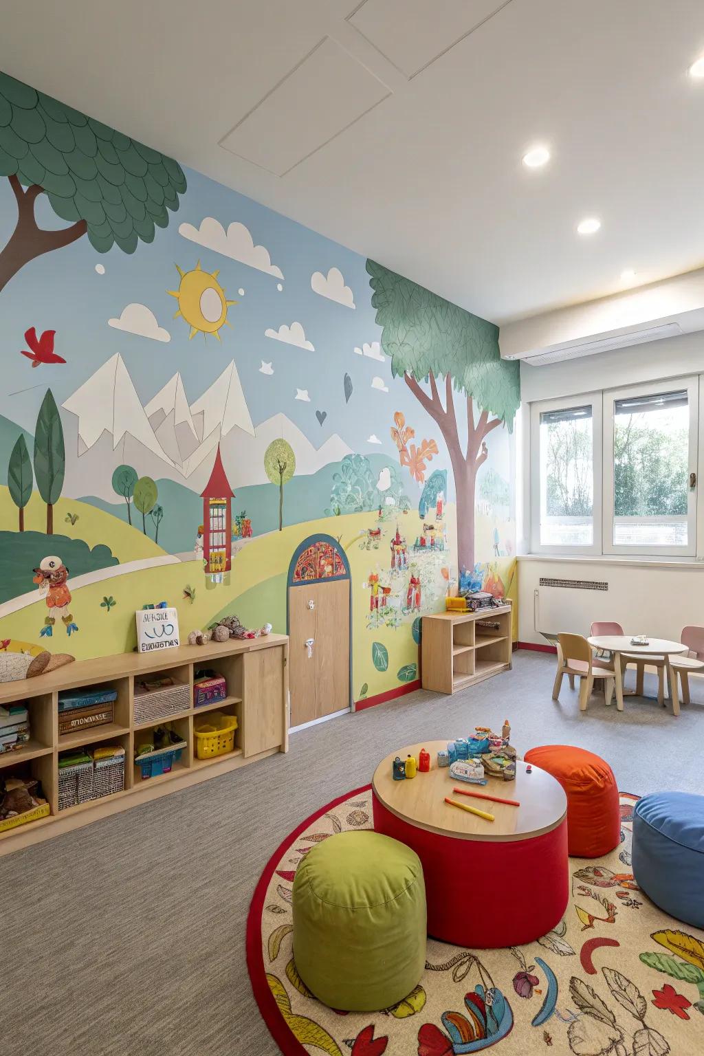 A playroom featuring a vibrant mural that fuels imagination.