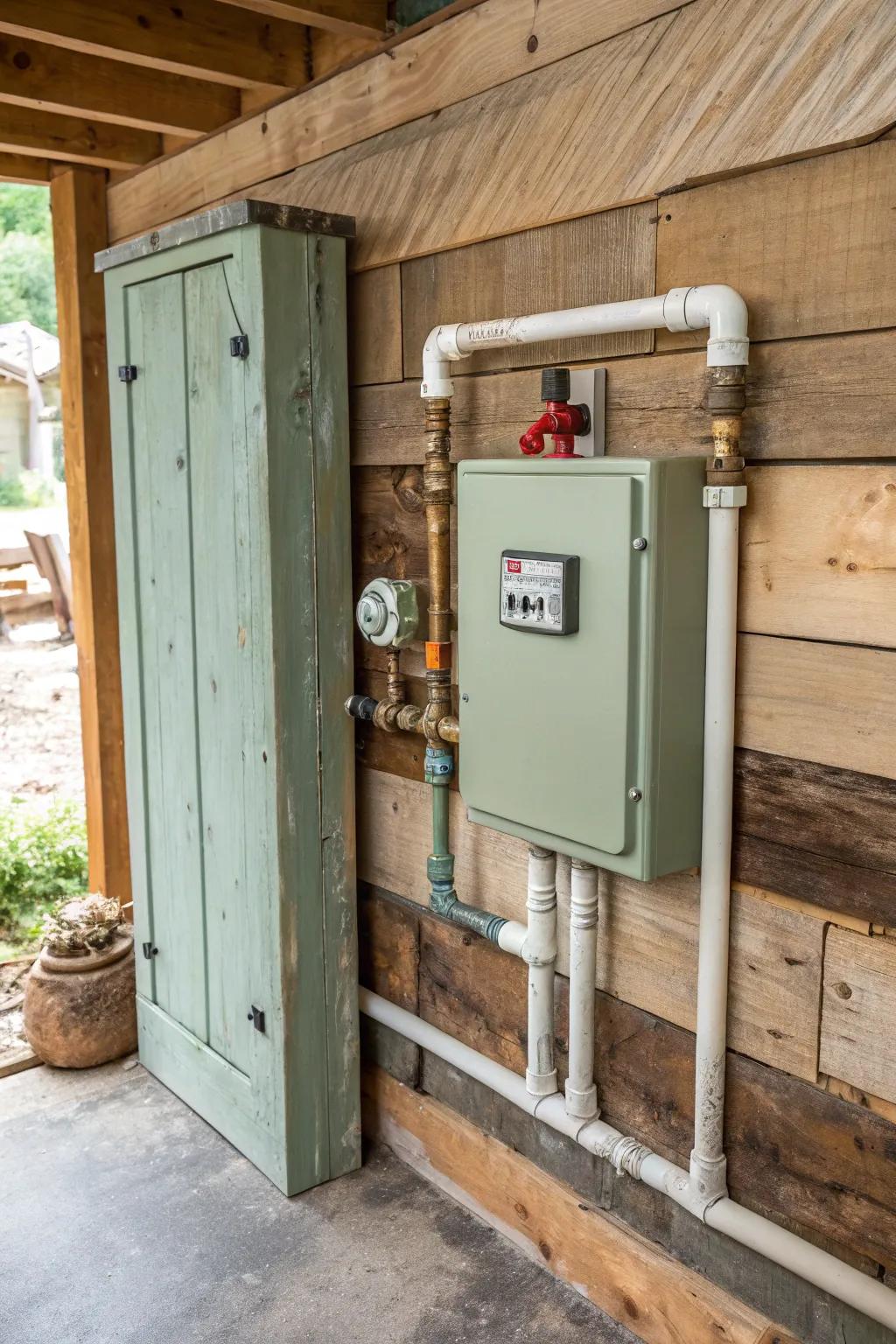 Painted plywood panel provides a rustic charm while offering easy plumbing access.