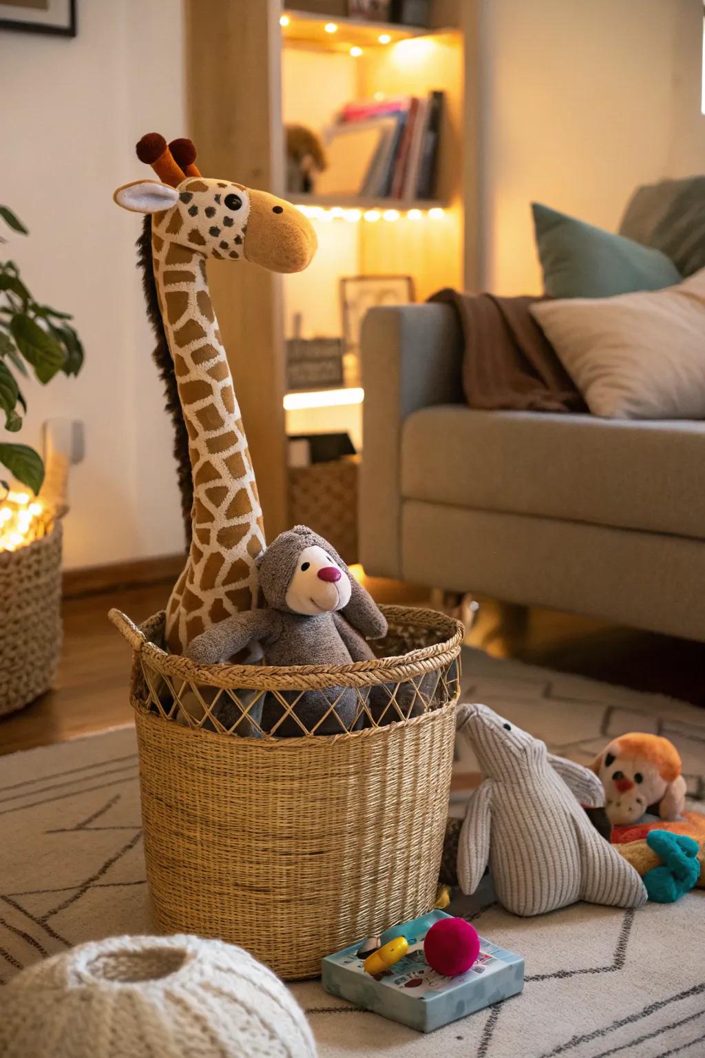 Animal-shaped wicker baskets add charm and function to any space.