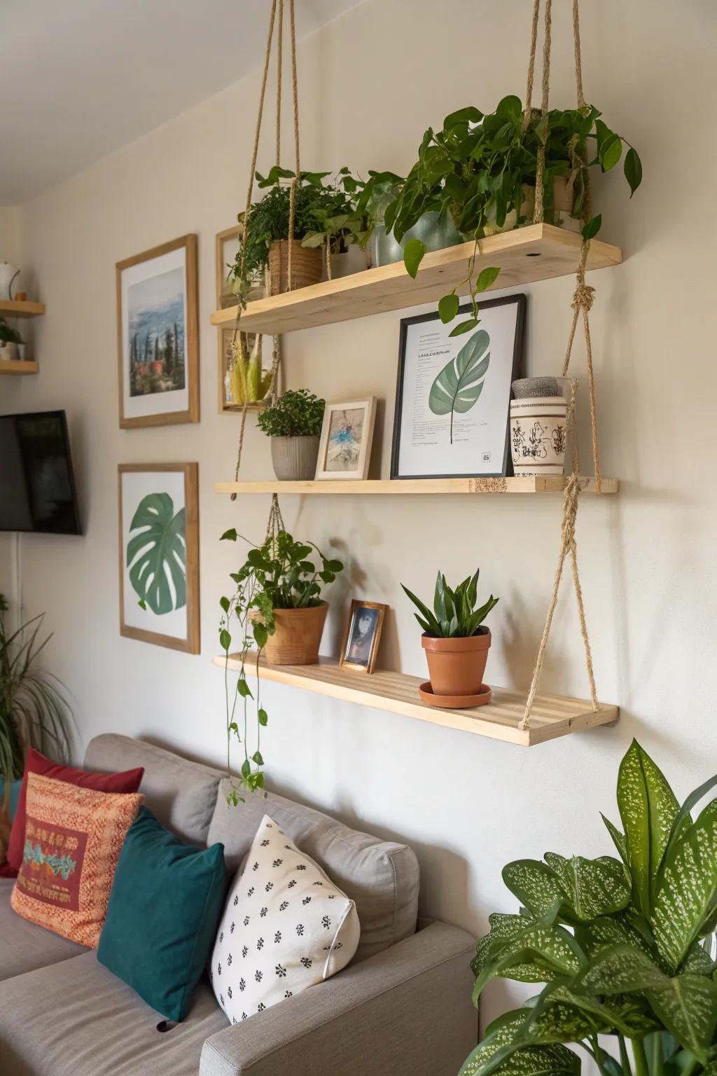 Floating plywood shelves create a sleek look in any room.