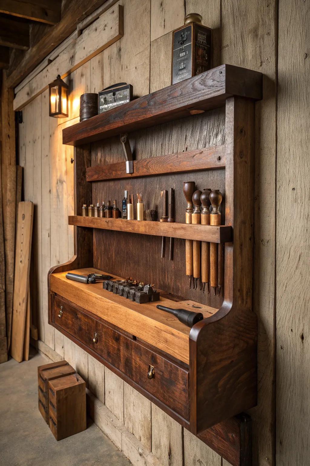 Elevate your pole barn with a timeless wall-mounted workbench that embodies both functionality and craftsmanship.