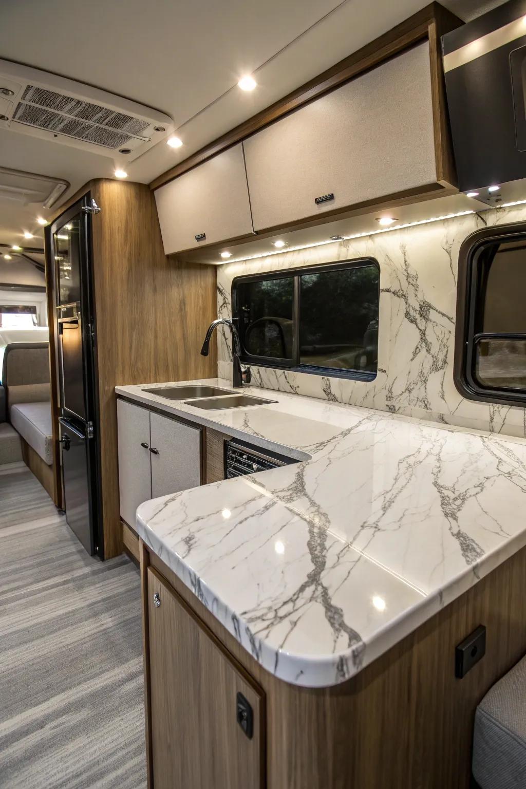 Transform your camper with the timeless elegance of faux marble countertops—luxury and style without the weight.